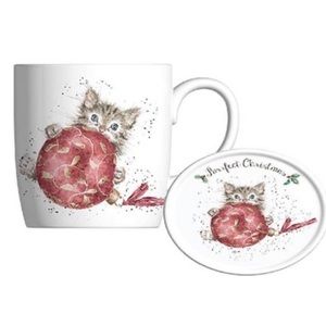 Fine China Mug and Coaster Set New Cute Cat Kitty Home Cup Christmas Holiday